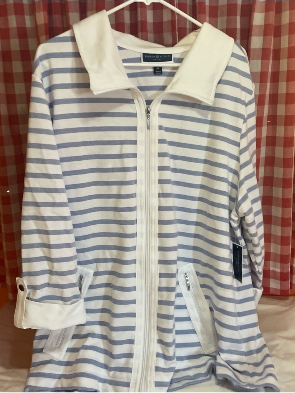 Karen Scott White & Light Blue Striped Zip Front Bomber Jacket